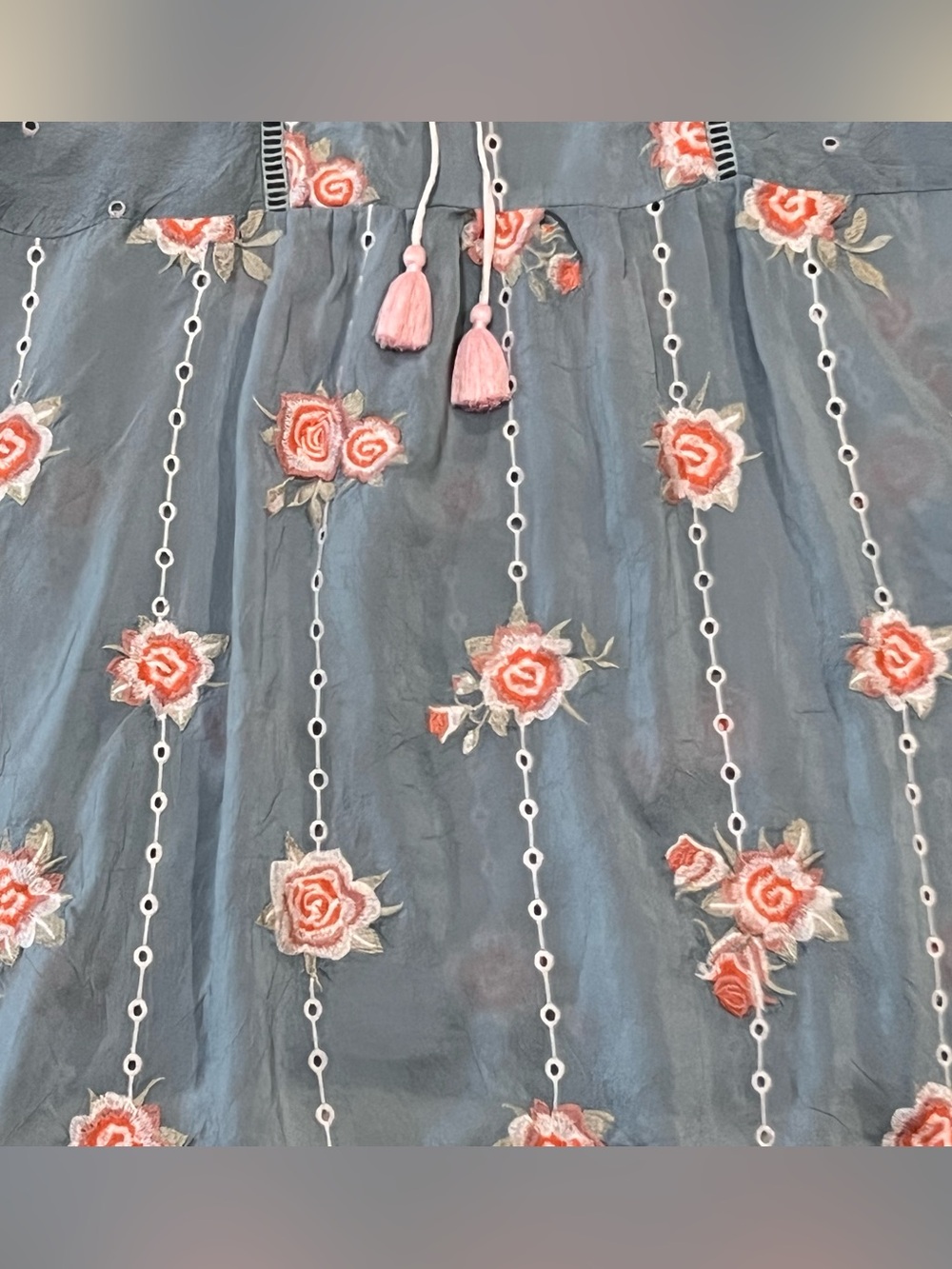Johnny Was Embroidered Feminine Tunic Slate Blue Cupra Rayon Pink Floral Small - Picture 8 of 13